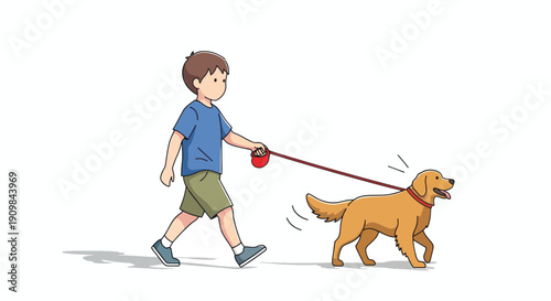Boy Walking Dog on Leash Cartoon.