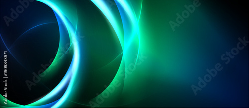 Abstract flowing lines, vibrant blues, greens create dynamic energy. Dark background emphasizes luminous curves, smooth gradients.