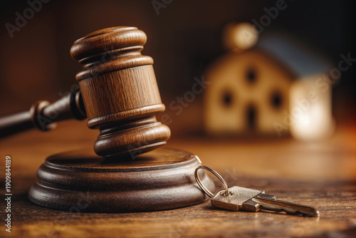 Auction House Scene with Gavel and New Home Keys Symbolizing Property