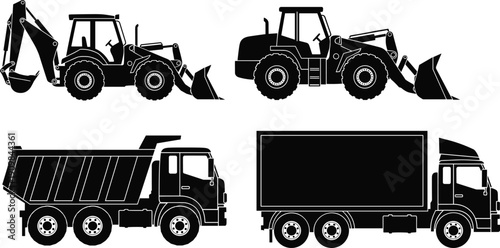 Set of 4 construction and transport vehicle silhouette icons including backhoe loader, wheel loader, dump truck, and box truck