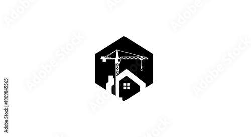 Black and white logo design featuring a house and crane.