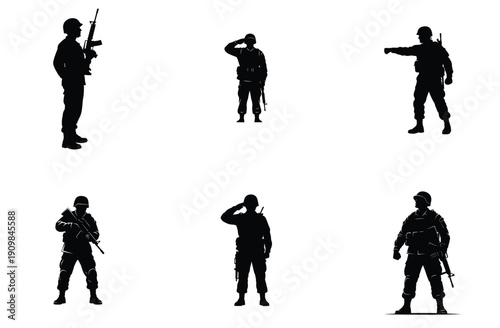 Photography Soldier Silhouettes in Various Poses Vector Illustration