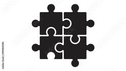 Four puzzle pieces in black silhouette with one missing piece in simple flat design on white background for business