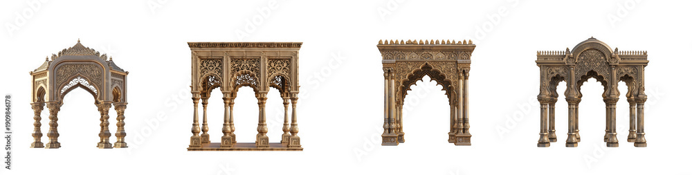 Fototapeta premium Intricately carved wooden arches and structures with detailed patterns isolated on transparent background