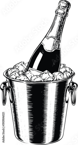 Chilled champagne bottle in a silver ice bucket with ice cubes Vector