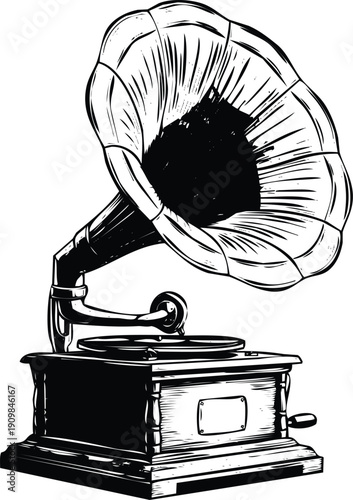 Vintage gramophone with intricate details and a large horn. Vector