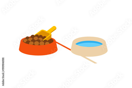 An illustration of two pet bowls on a black background. One orange bowl contains brown kibble with a yellow scoop, while the other beige bowl is filled with blue water.