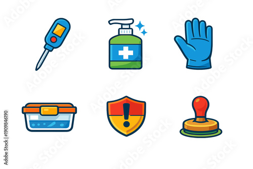 A set of six colorful icons on a black background representing food safety and hygiene, including a digital thermometer, hand sanitizer, protective glove, storage container, shield, and stamp.