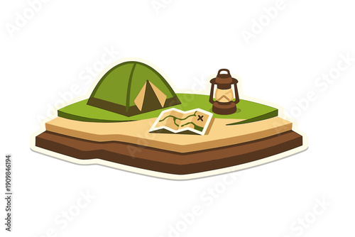 This vector sticker depicts a camping scene with a green tent, a brown lantern, and a treasure map on a layered ground section, isolated against a black background.