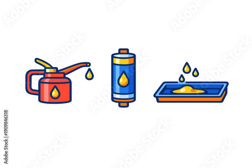 A set of three stylized icons representing oil maintenance, featuring a red oil can, a blue oil filter, and a blue drain pan with yellow oil drops against a black background.