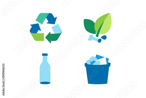 This set of four flat icons features a green and blue recycling symbol, organic waste with leaves and a bone, a blue bottle, and a trash bin filled with paper scraps on a black background.