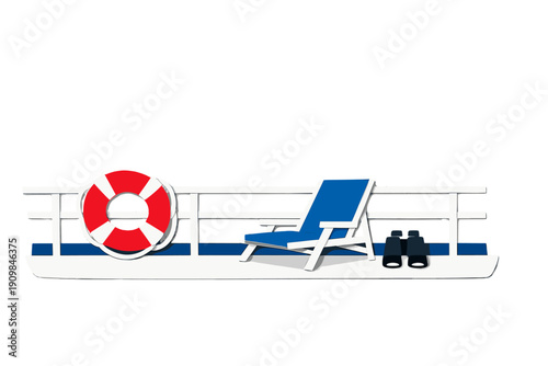 A flat illustration of a cruise ship deck featuring a white railing, a red and white lifebuoy, a blue lounge chair, and a pair of binoculars against a black background.