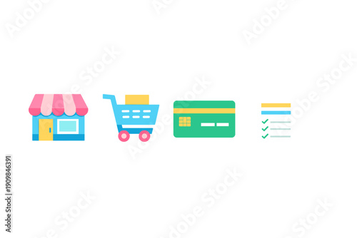 A sequence of four colorful flat icons on a black background representing the steps of an online or physical shopping process, including a store, cart, credit card, and checklist.