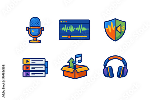 A set of six colorful vector icons related to audio recording and music production, featuring a microphone, waveform, shield, playlist, upload box, and headphones on a black background.