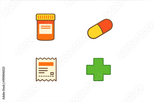 Different items related to medicine and health are shown, including a prescription bottle, a capsule, a receipt, and a medical symbol