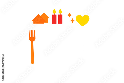 Dinner setup with fork, plate, candles, heart, and home icons for a special meal at home on a cozy evening