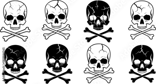Set of black and white skull icons with cracks and crossbones vector illustration
