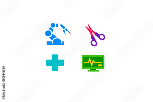 Robotic tools and medical symbols represent technology in healthcare during a surgical procedure in a modern hospital setting