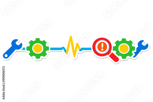 Tools and gears represented with colors showing maintenance and checks in a workshop or factory setting during daytime