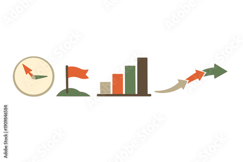 Graph shows growth direction with compass, flag, and bars in a simple graphic design commonly used in business presentations to indicate progress
