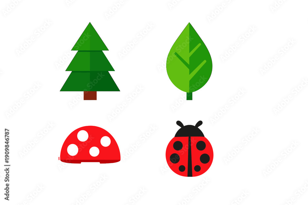 Fototapeta premium Shapes of nature include a green tree, green leaf, red mushroom with white spots, and a black and red ladybug against a white background