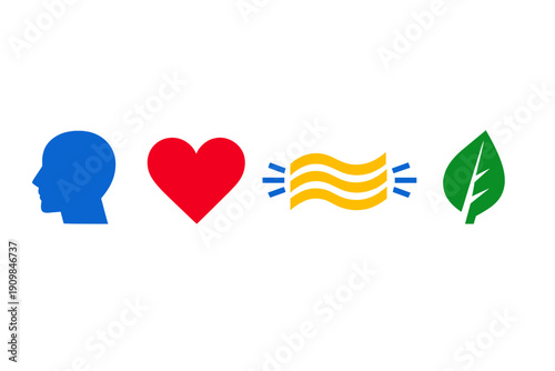 Symbols representing health, love, fresh air, and nature in a simple design with bright colors