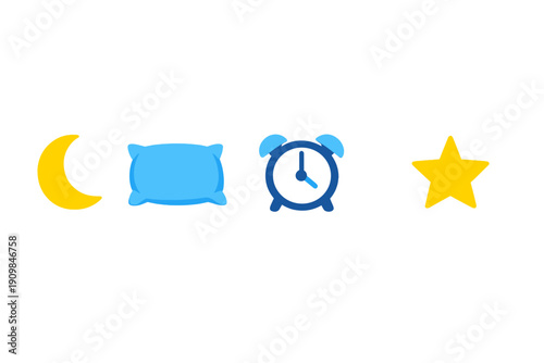 Moon and stars with pillow and clock showing bedtime routine for sleep at night time