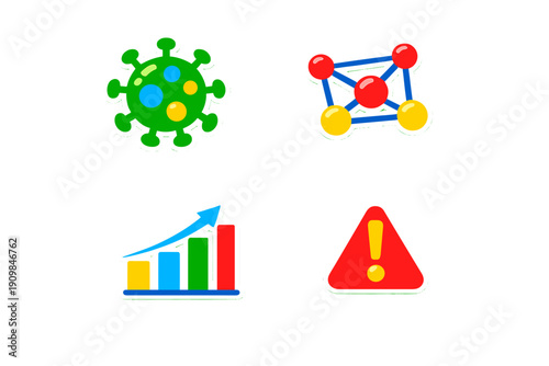 Colorful icons show virus, molecule, growth chart, and warning symbol about health and science topics in a simple layout