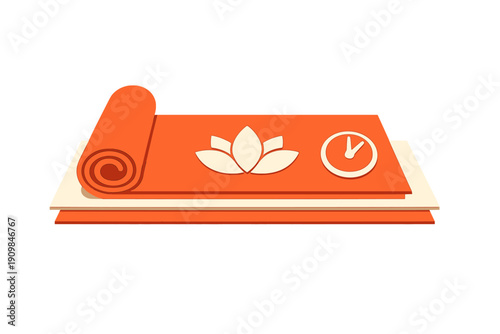 Yoga mat and time. Mats are rolled and stacked on top of one another, featuring a lotus design and a clock graphic, suggesting a yoga or meditation practice