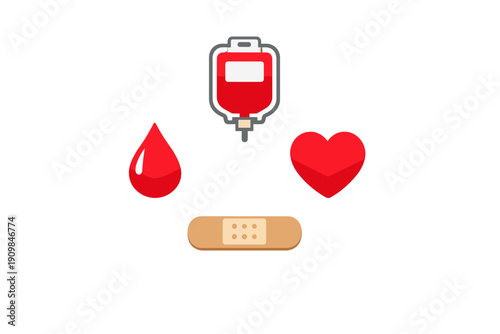 Graphic shows symbols related to blood donation, including a blood bag, a drop of blood, a heart, and a bandage representing health and care