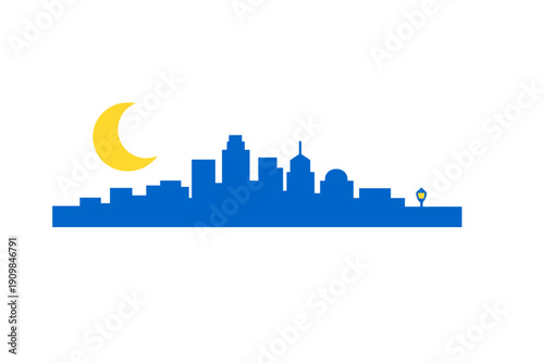 City skyline at night with a crescent moon and city lights seen in silhouette style on a clear background