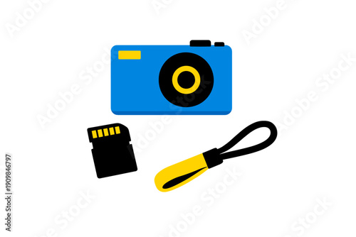 Colorful camera, memory card, and strap are arranged on a white background showing the tools for capturing moments in a simple way