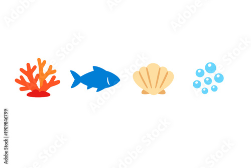 Colorful sea life features coral, fish, shell, and bubbles in a simple design located under the ocean surface