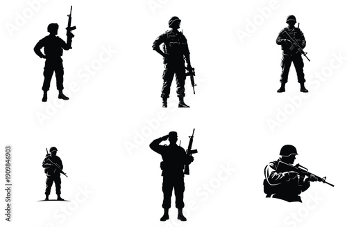 Soldier Silhouettes with Rifles in Various Poses Vector Illustration