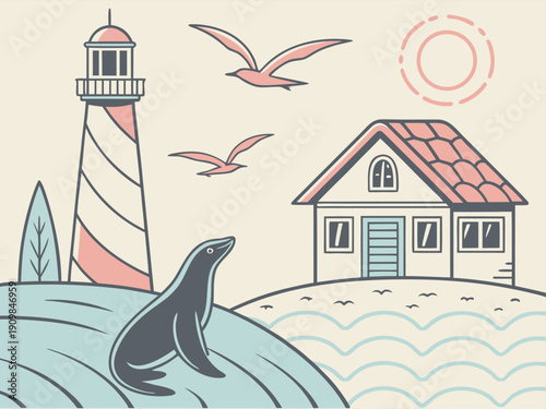 Flat Vintage Coastal Landscape with Lighthouse, Seagulls and Sea Lion – Retro Seaside Vector Illustration