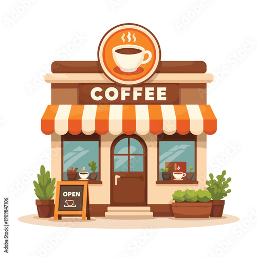 Welcoming coffee shop front with vibrant signage