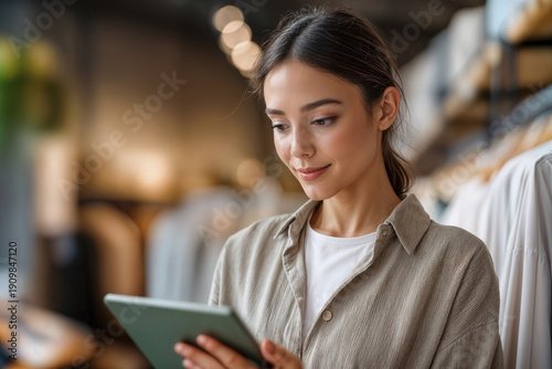 Sales Associate Using Tablet in Fashion Store, Focused and Content, Casual Style for Retail