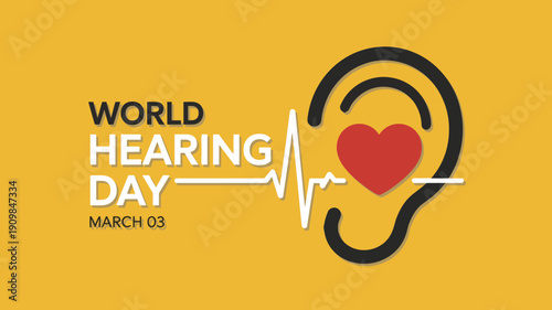 World Hearing Day March 03 Minimalist Yellow Banner with Ear and Heartbeat Icon for Audiology Awareness and Deafness Prevention