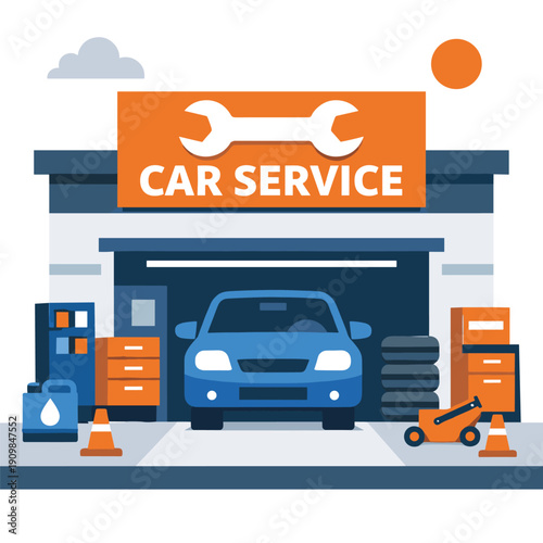 Car service station with tools and vehicle illustration