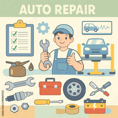 Auto repair tools and mechanic character illustration