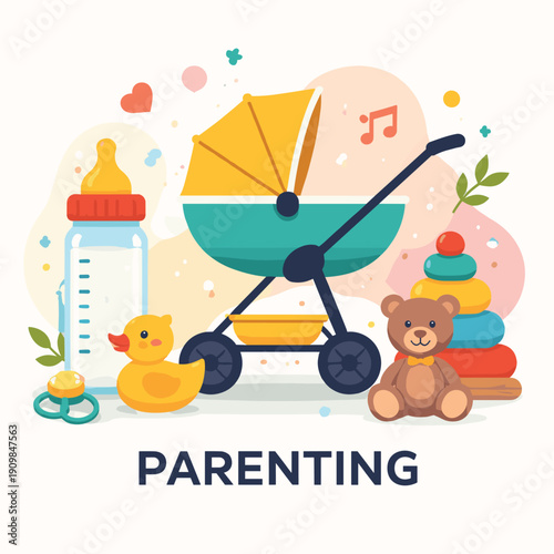 Parenting essentials with baby items and toys