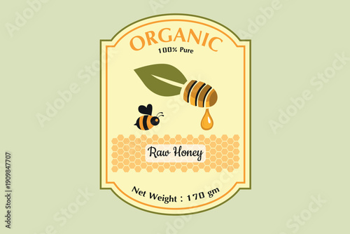 Organic Raw Honey Label Template with Bee and Honey Drop – Vintage Food Packaging Design