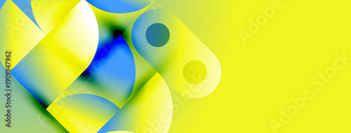 Abstract shapes blend, creating vibrant yellow, blue gradients. Smooth curves suggest movement, depth. Minimalist design evokes modern aesthetic.