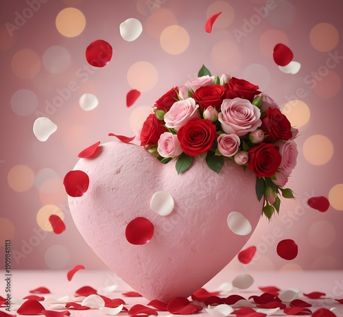 Romantic Heart Cake With Flower Crown And Falling Rose Petals For Valentine’s Day Celebrations