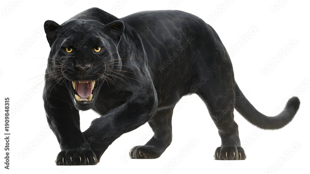 Obraz premium A black panther with its mouth open and teeth bared, isolated on transparent background, showcasing its fierce expression and powerful stance
