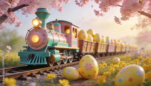 Colorful vintage train carrying decorated Easter eggs through spring meadow in a whimsical concept.