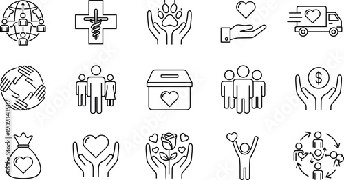 Charity and donation line icons set for social responsibility and volunteering