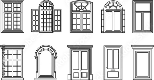 Silhouettes of ten architectural window and door designs with varied shapes, panes, and decorative elements for building design themes