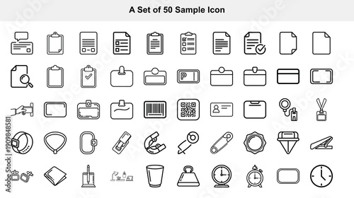 A collection of fifty simple black and white line icons depicting various objects symbols and concepts for design or interface use high quality professional detailed modern