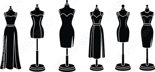 Set of 6 dress form silhouette icons with varied gowns, knee-length, mid-length styles, sleeves, sleeveless, and necklace accessory